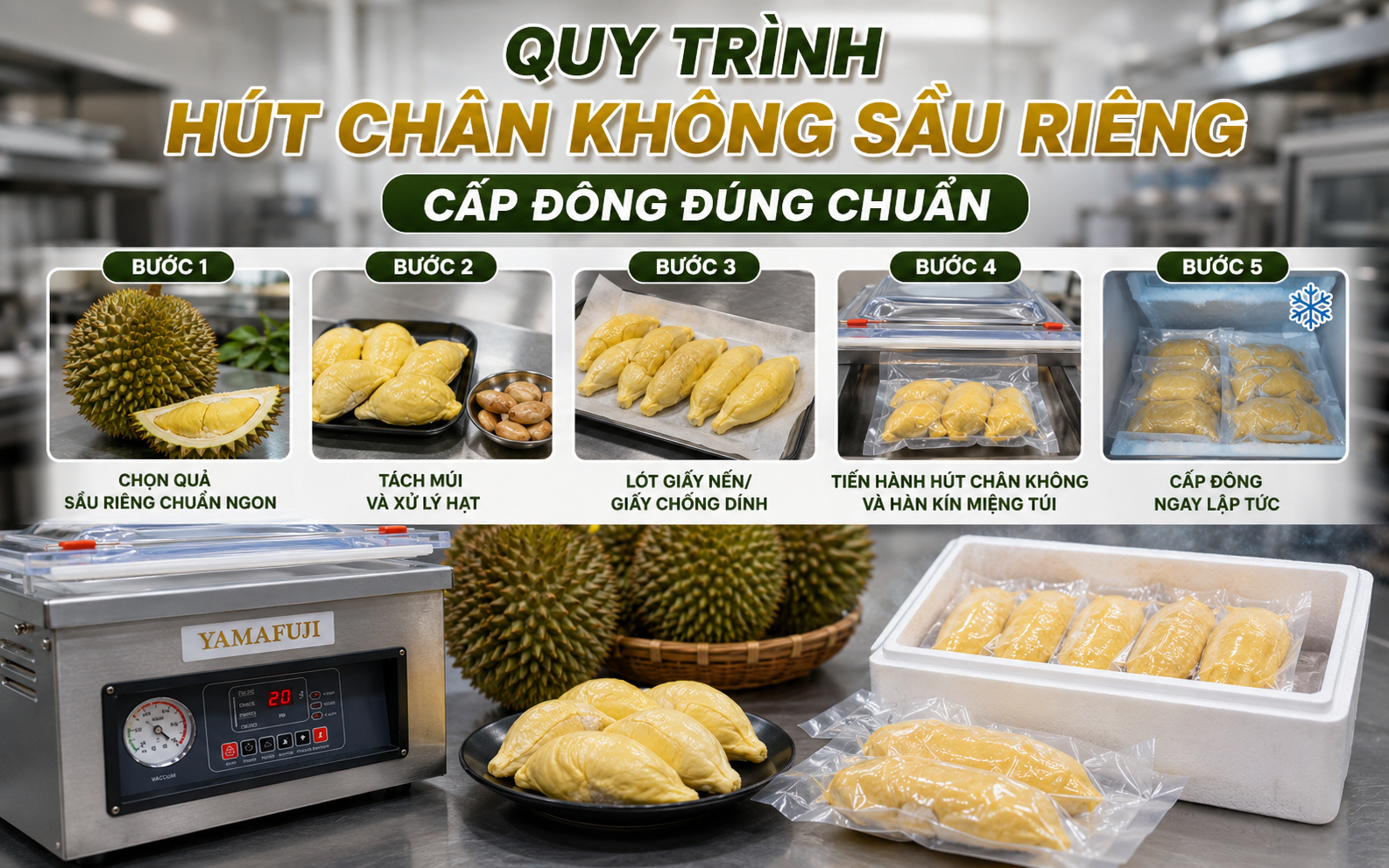 Quy trình hút chân không sầu riêng cấp đông đúng chuẩn