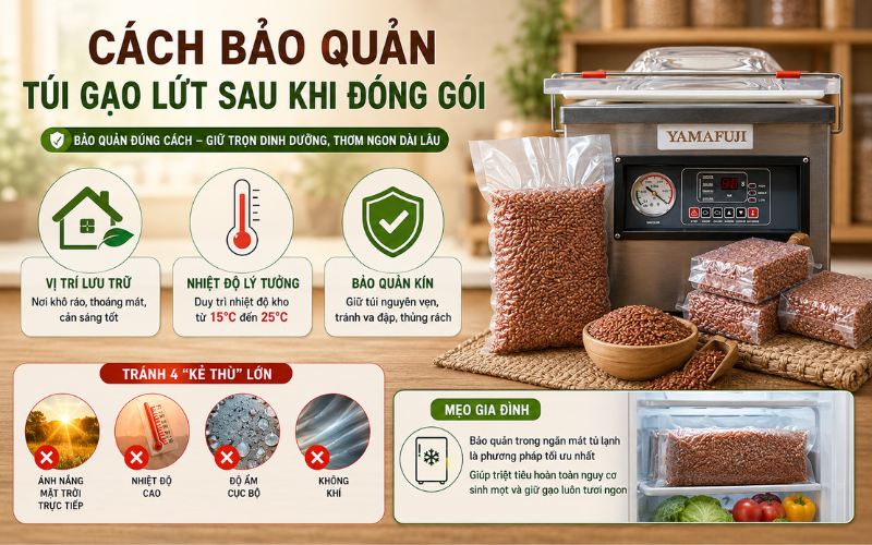 Cách bảo quản túi gạo lứt sau khi đóng gói
