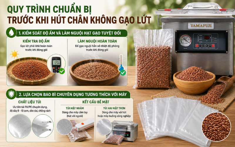 Quy trình chuẩn bị trước khi hút chân không gạo lứt