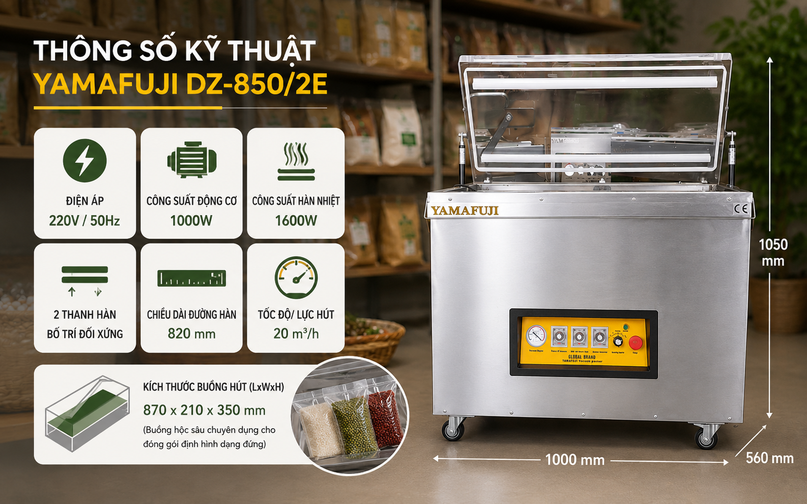 Thông số của máy ép chân không Yamafuji DZ-850/2E