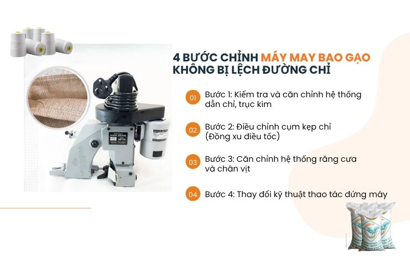 4 bước chỉnh máy may bao gạo không bị lệch đường chỉ