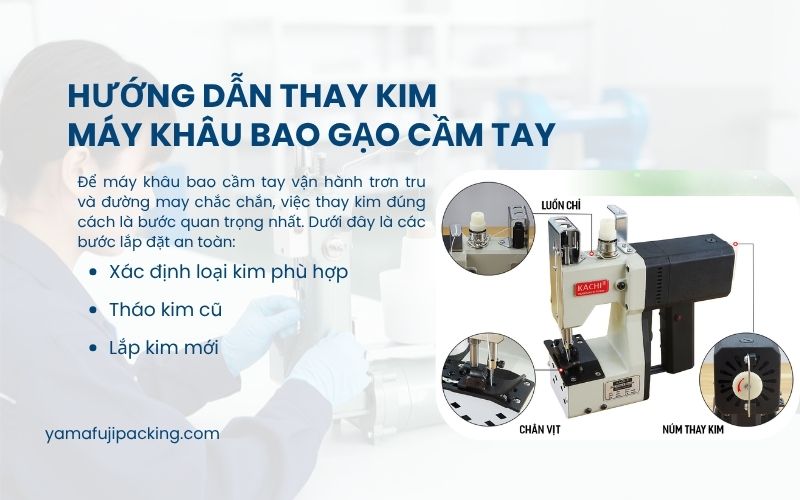 Hướng dẫn thay kim máy khâu bao gạo cầm tay 