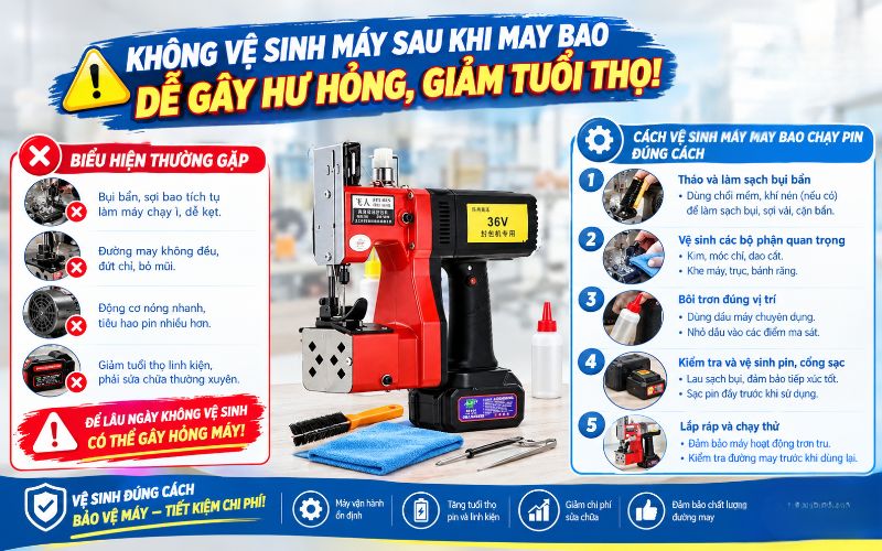 Không vệ sinh máy sau khi may bao