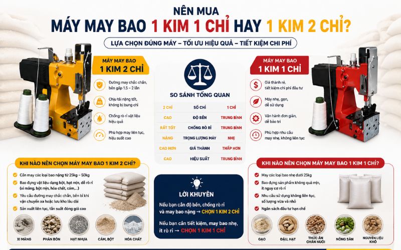 Nên mua máy may bao 1 kim 1 chỉ hay 1 kim 2 chỉ?