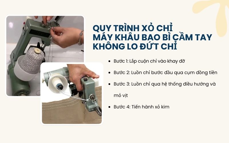 Quy trình xỏ chỉ máy khâu bao bì cầm tay không lo đứt chỉ