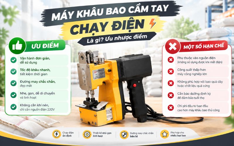 Máy khâu bao cầm tay chạy điện là gì? Ưu nhược điểm