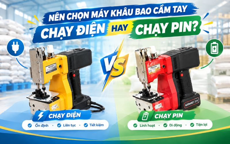 Nên chọn máy khâu bao cầm tay chạy điện hay chạy pin?