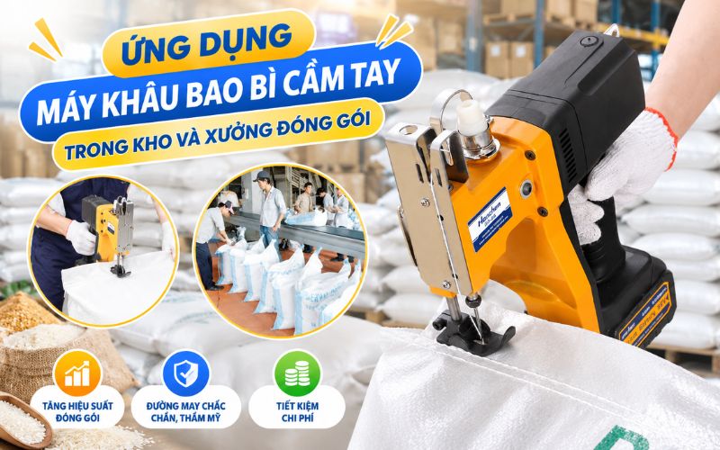 Ứng dụng máy khâu bao bì cầm tay trong kho, xưởng đóng gói