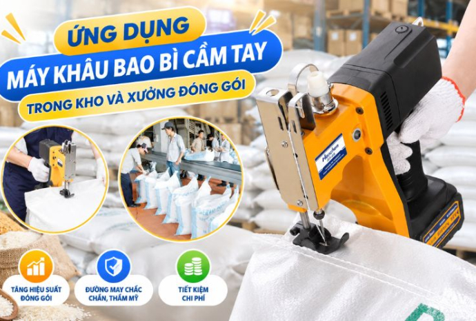 Ứng dụng máy khâu bao bì cầm tay trong kho, xưởng đóng gói