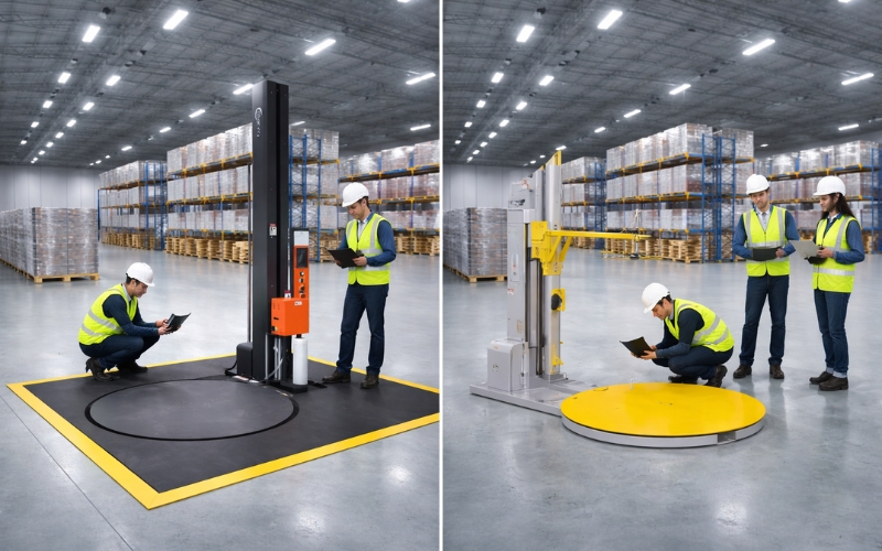 So sánh lắp âm sàn với lắp đặt máy quấn pallet bàn xoay thông thường