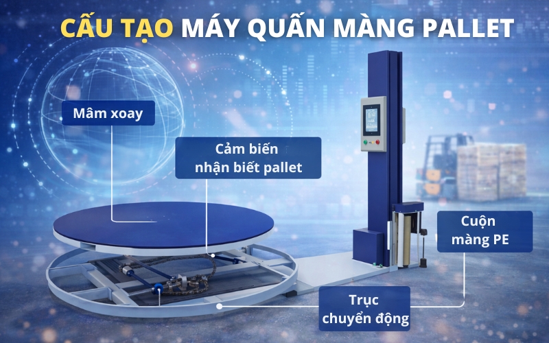 Cấu tạo thiết bị quấn màng pallet hàng hóa