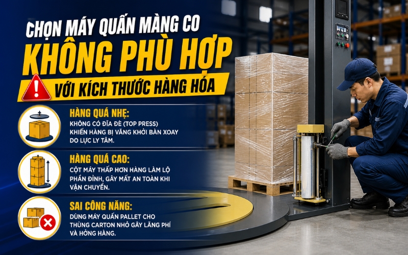 Chọn máy quấn màng co không phù hợp với kích thước hàng hóa