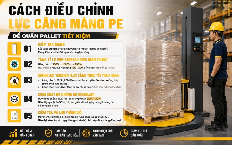 Hướng dẫn cách chỉnh lực căng màng PE tiết kiệm màng nhất