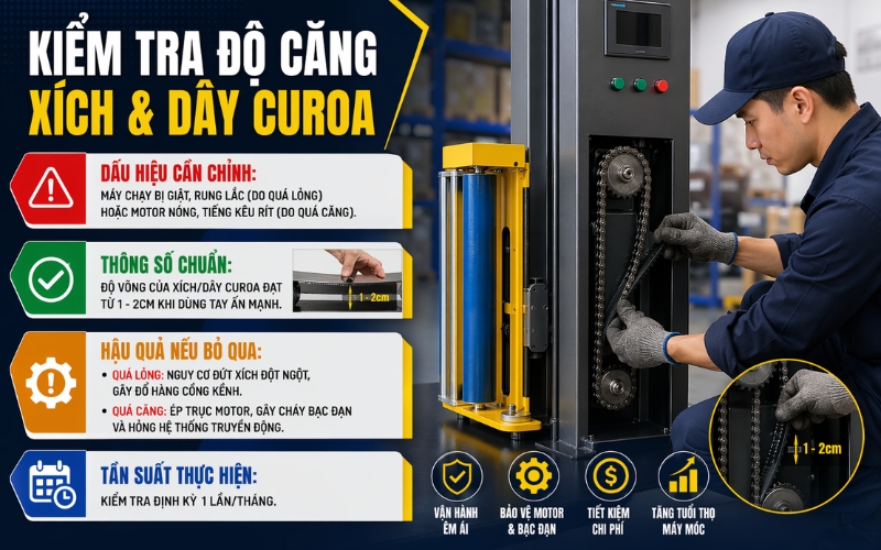 Kiểm tra độ căng của dây curoa và xích máy quấn màng
