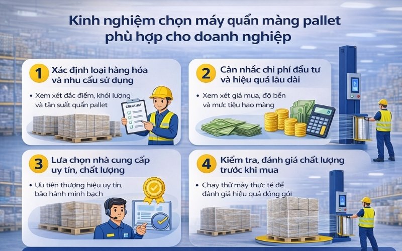 Kinh nghiệm chọn máy quấn màng pallet phù hợp cho doanh nghiệp
