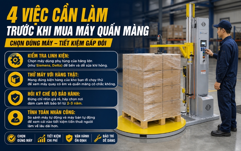 Kinh nghiệm mua máy quấn màng co pallet tránh sai lầm