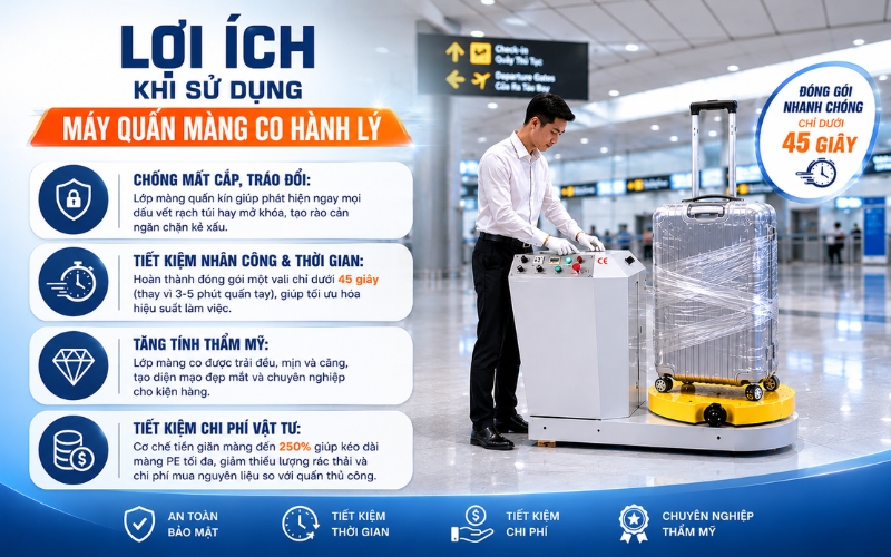 Lợi ích khi sử dụng máy quấn màng co hành lý
