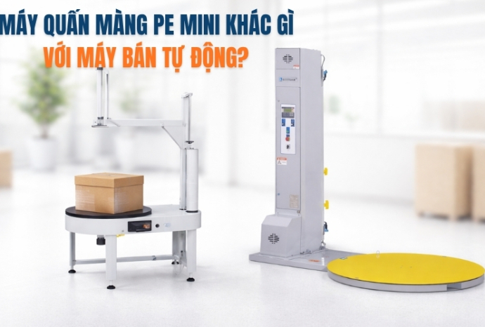 Máy quấn màng pe mini khác gì với máy bán tự động?