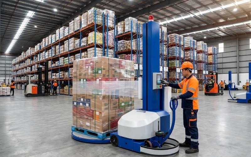 Robot máy quấn màng pe linh hoạt cho xưởng lớn