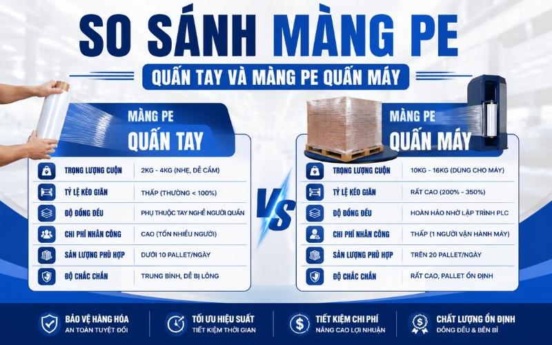 So sánh màng pe quấn tay và màng pe quấn máy