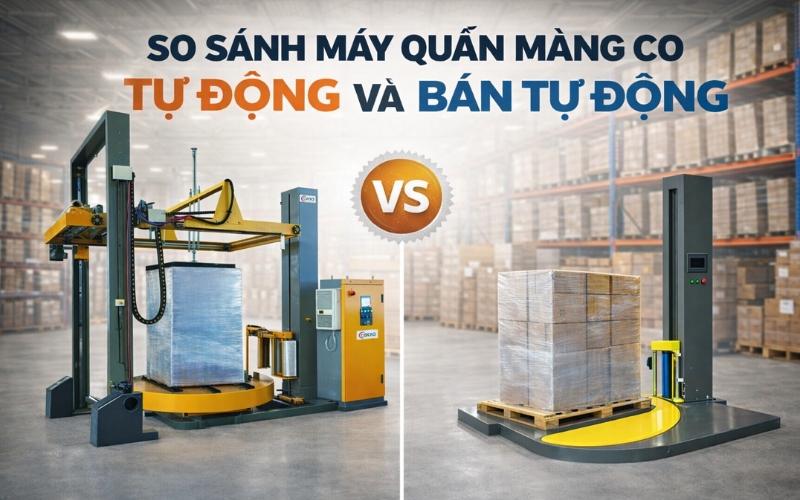 So sánh máy quấn màng co tự động và bán tự động