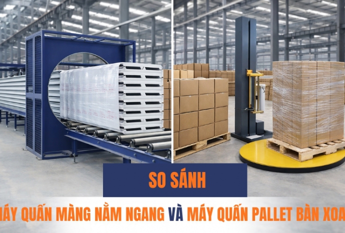 So sánh máy quấn màng nằm ngang và máy quấn pallet bàn xoay
