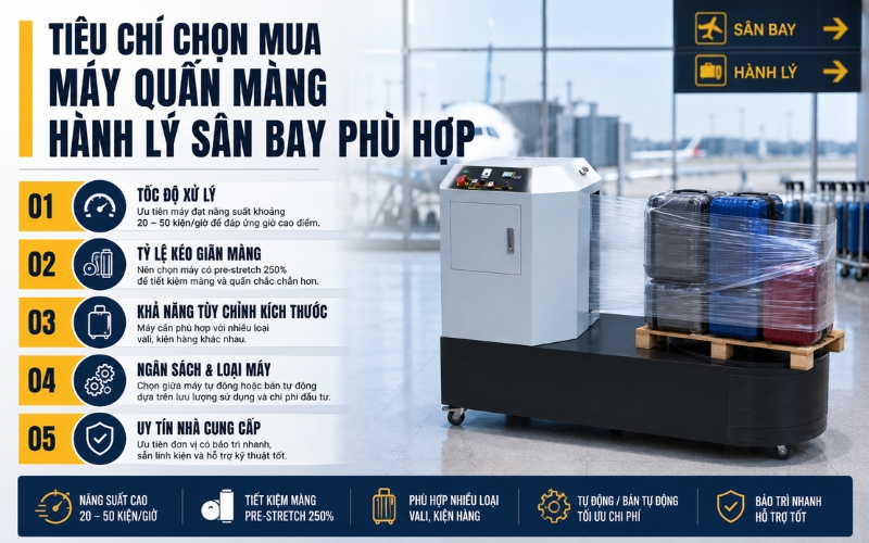 Tiêu chí chọn mua máy quấn màng hành lý sân bay phù hợp