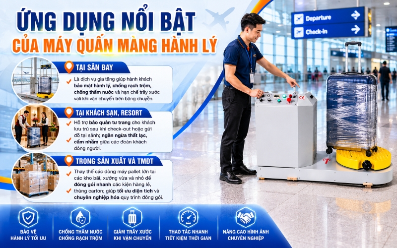 Ứng dụng nổi bật của máy quấn màng hành lý 