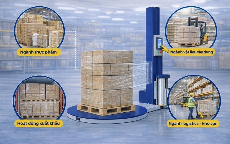Ứng dụng thực tế của máy quấn màng trong đóng gói hàng hóa