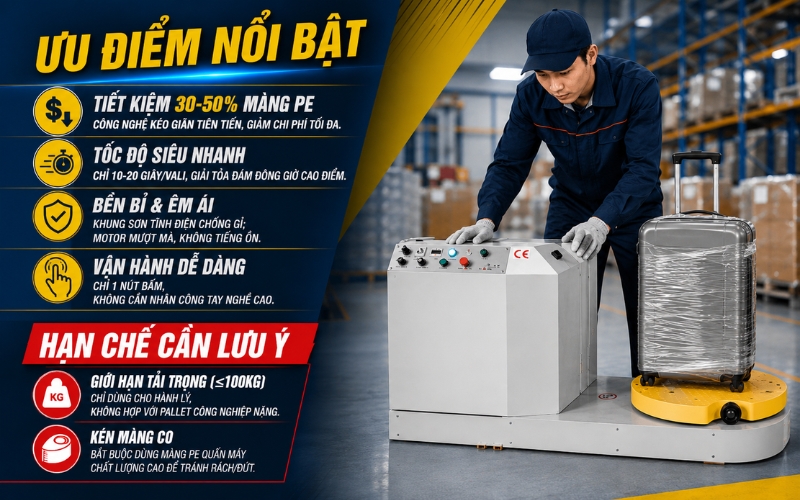 Ưu điểm và hạn chế của máy quấn màng hành lý YK-XL01